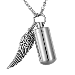 Unisex Fashion Stainless Steel Jewelry Holder Cylinder Ashes Urn Pendant Angel Wing Charm Cremation Memorial Necklace Jewelry