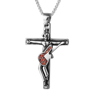 Rock star johnny hallyday Stainless Steel Guitar Cross Pendant Necklace Men with 50cm Chain Necklaces Crucifix