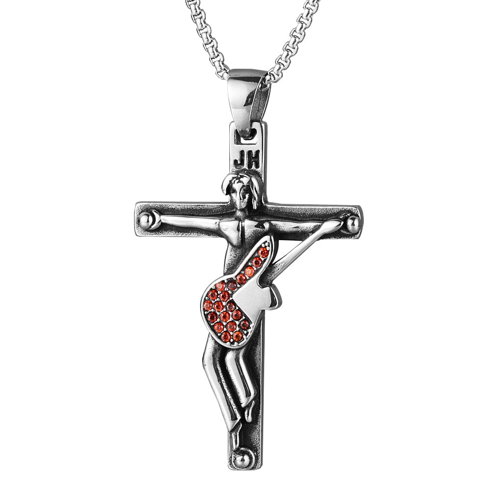 Rock star johnny hallyday Stainless Steel Guitar Cross Pendant Necklace Men with 50cm Chain Necklaces Crucifix